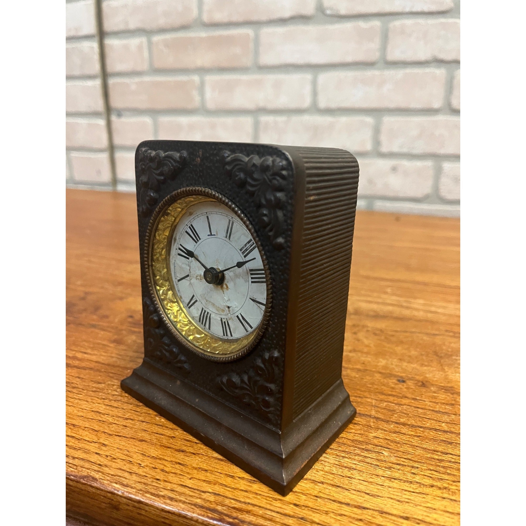 Antique 1890s Cast Iron Shelf Bedside Alarm Clock Paper Dial Face Roman Numeral