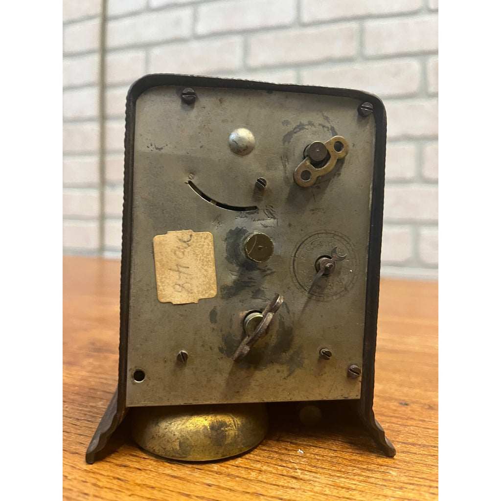 Antique 1890s Cast Iron Shelf Bedside Alarm Clock Paper Dial Face Roman Numeral