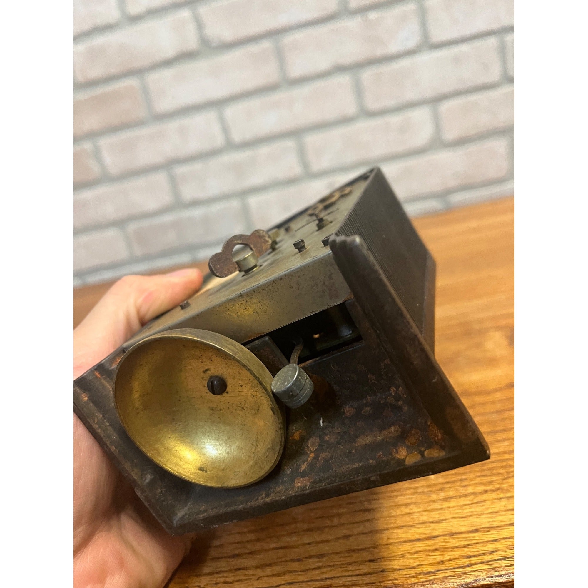 Antique 1890s Cast Iron Shelf Bedside Alarm Clock Paper Dial Face Roman Numeral