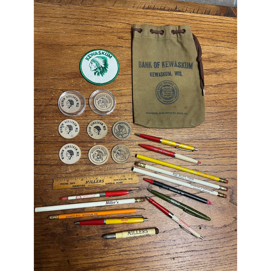 Vintage Kewaskum Wisconsin Advertising Lot Bar Tokens, Pencils, Patch, Bank Bag