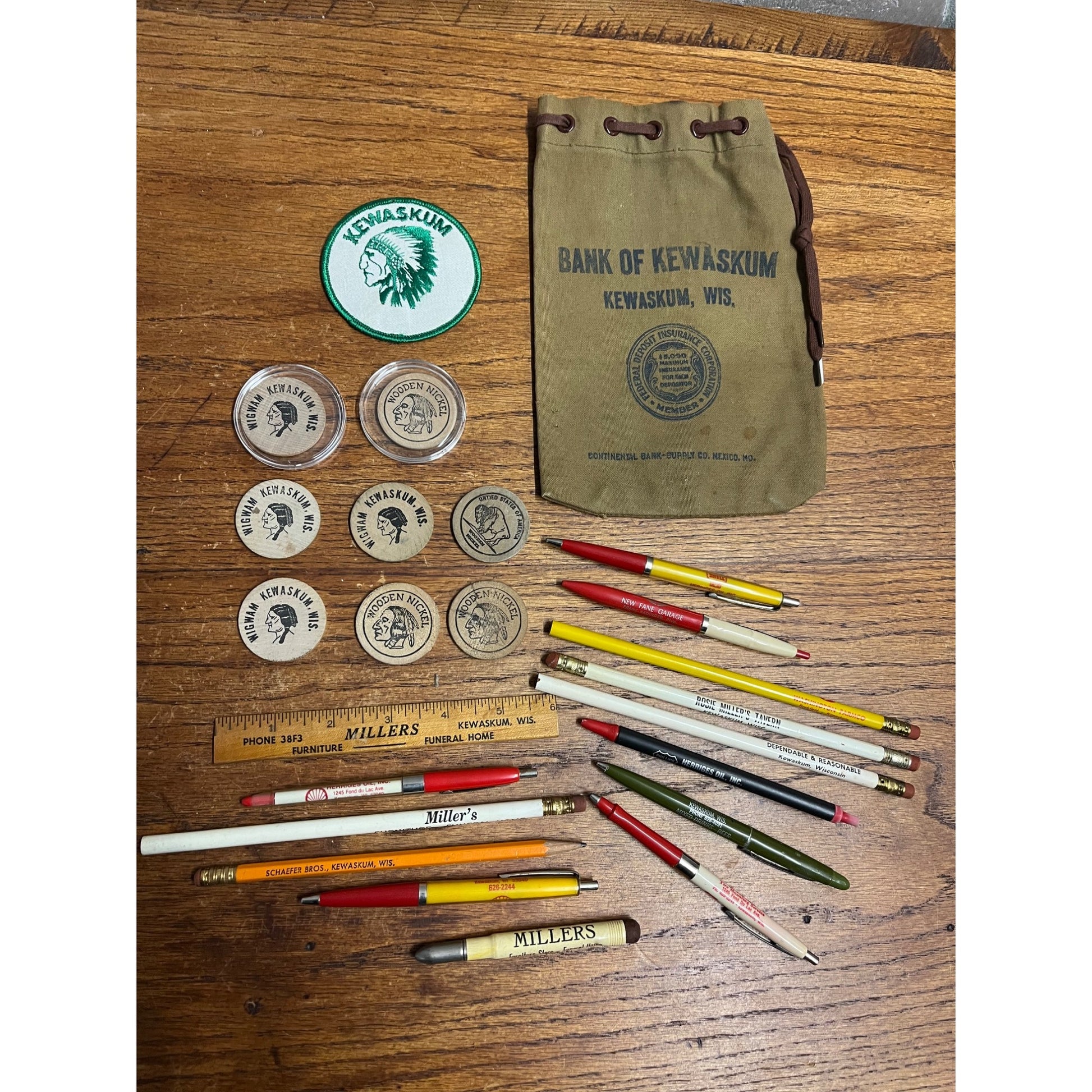 Vintage Kewaskum Wisconsin Advertising Lot Bar Tokens, Pencils, Patch, Bank Bag