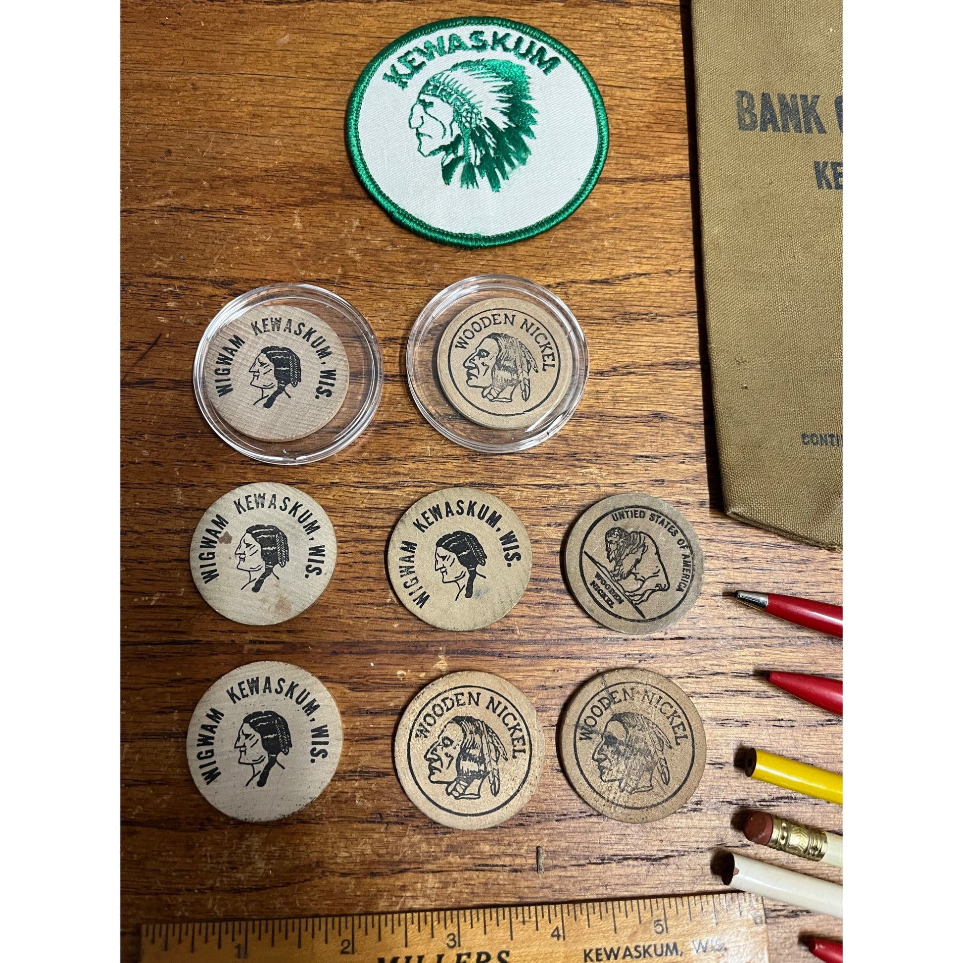 Vintage Kewaskum Wisconsin Advertising Lot Bar Tokens, Pencils, Patch, Bank Bag
