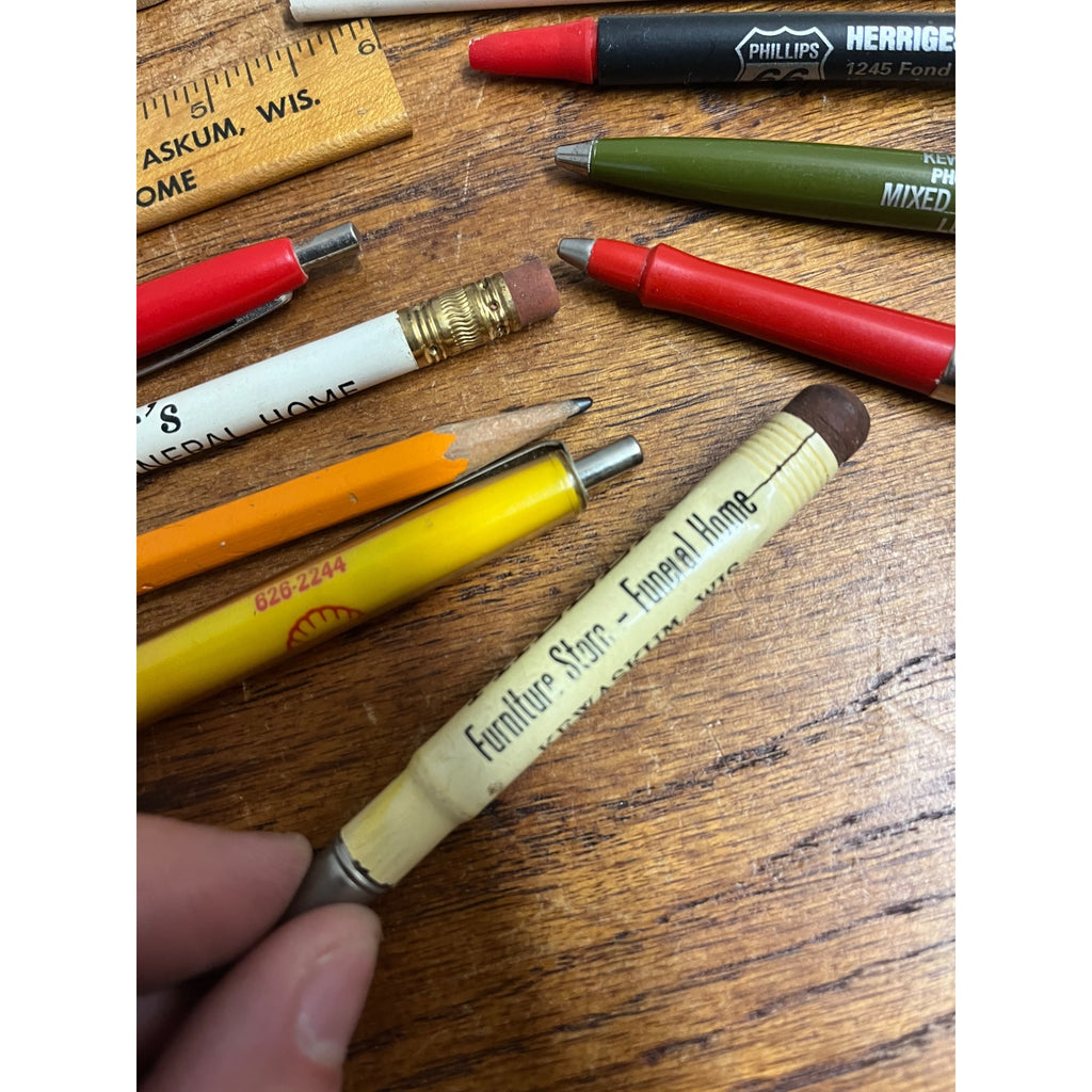 Vintage Kewaskum Wisconsin Advertising Lot Bar Tokens, Pencils, Patch, Bank Bag