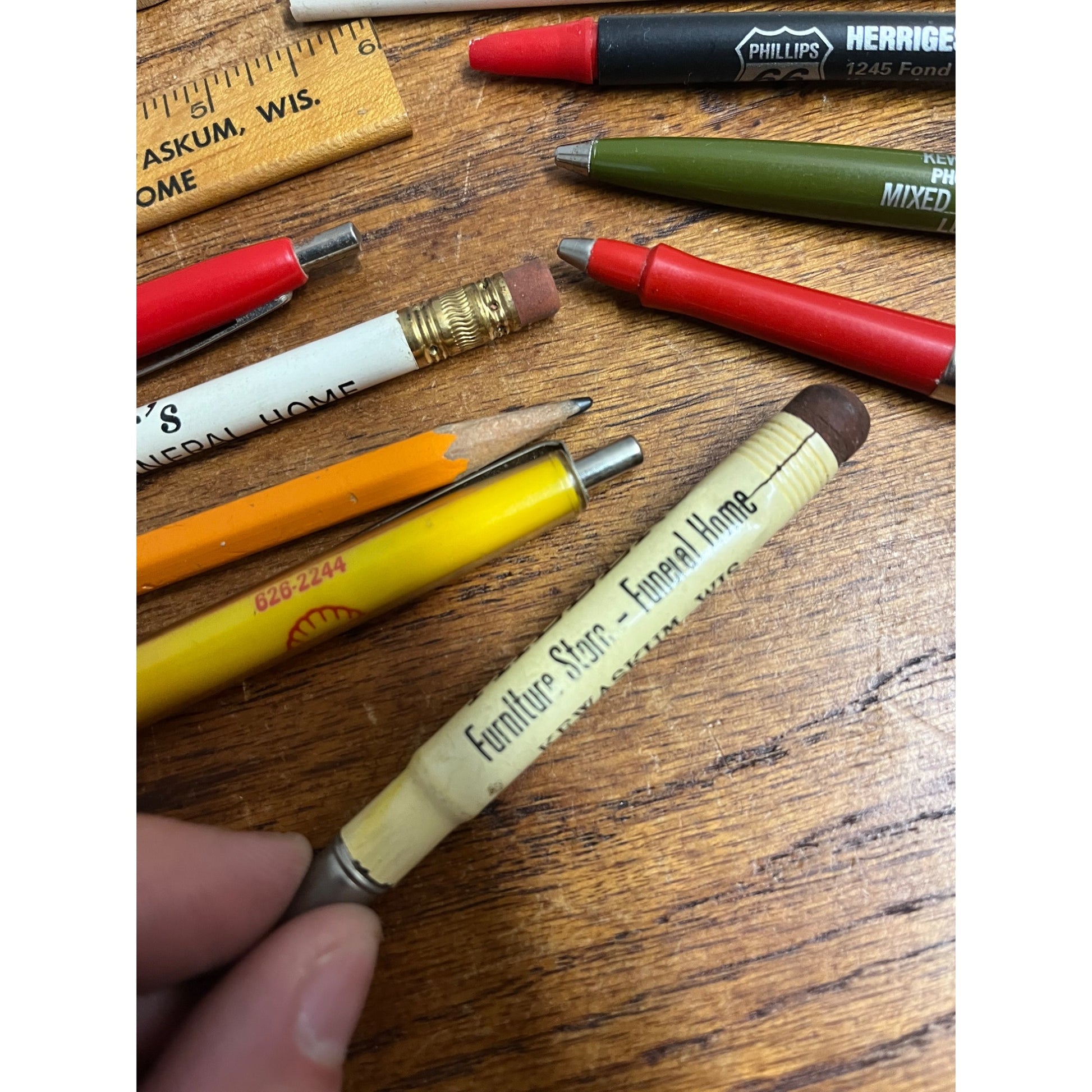Vintage Kewaskum Wisconsin Advertising Lot Bar Tokens, Pencils, Patch, Bank Bag