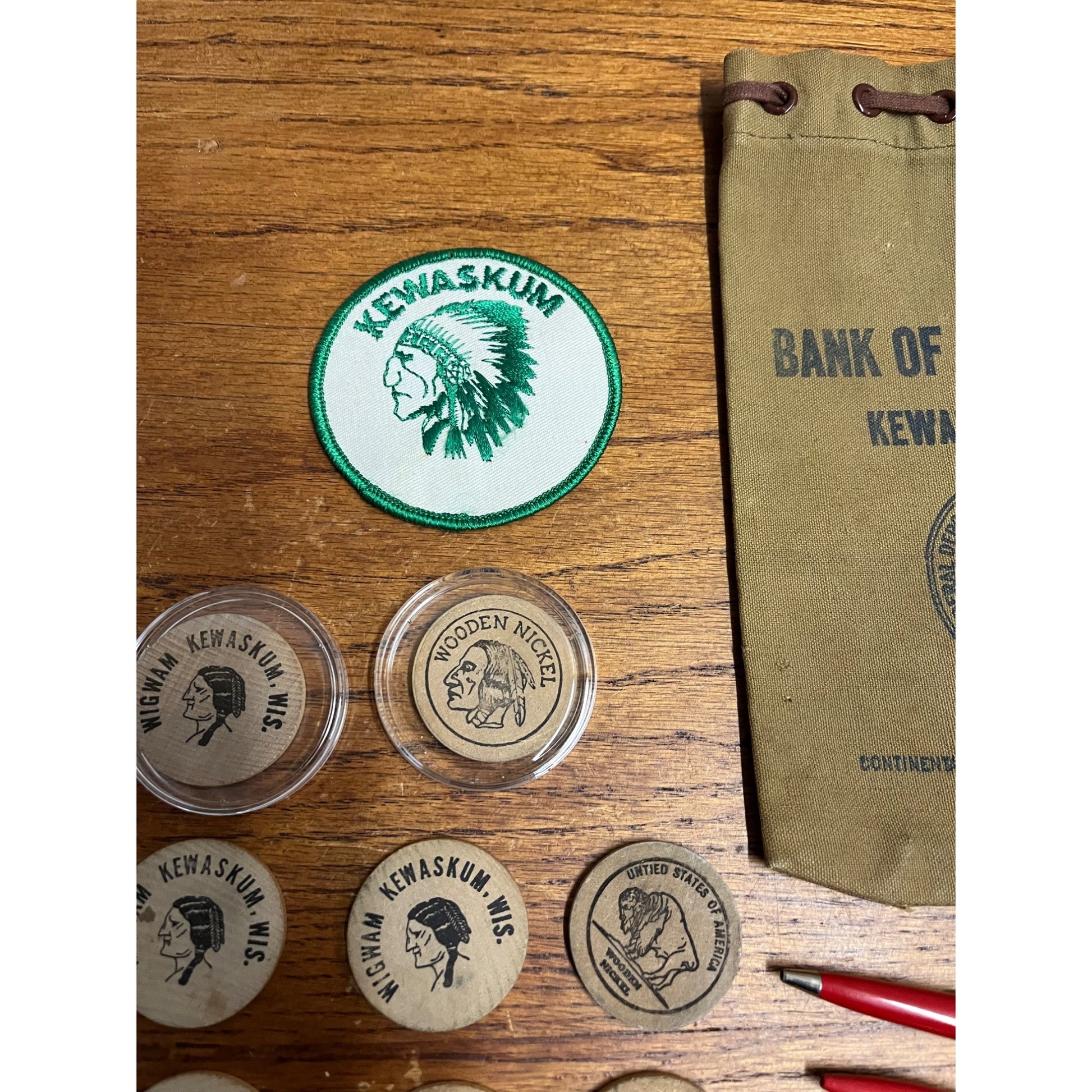 Vintage Kewaskum Wisconsin Advertising Lot Bar Tokens, Pencils, Patch, Bank Bag