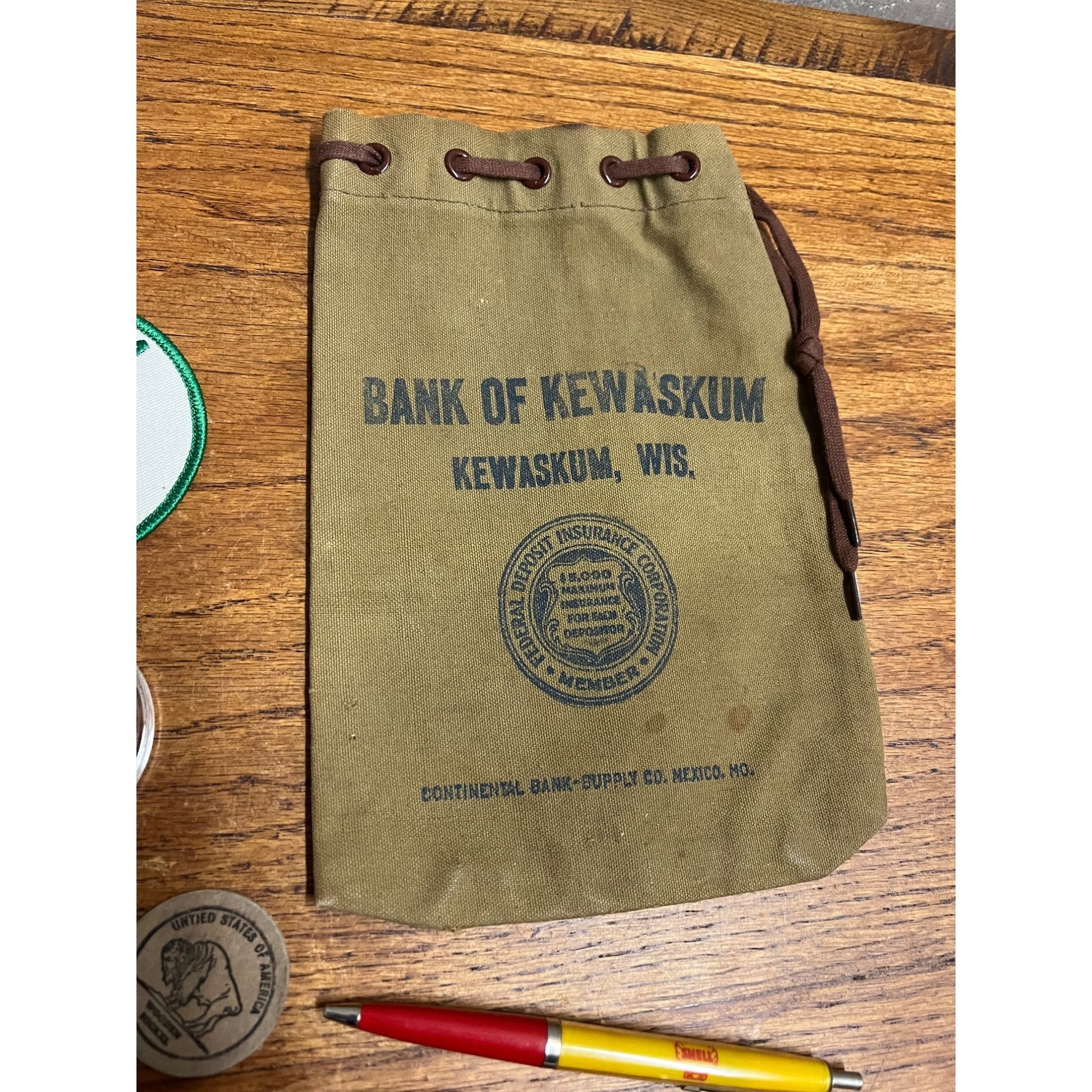 Vintage Kewaskum Wisconsin Advertising Lot Bar Tokens, Pencils, Patch, Bank Bag