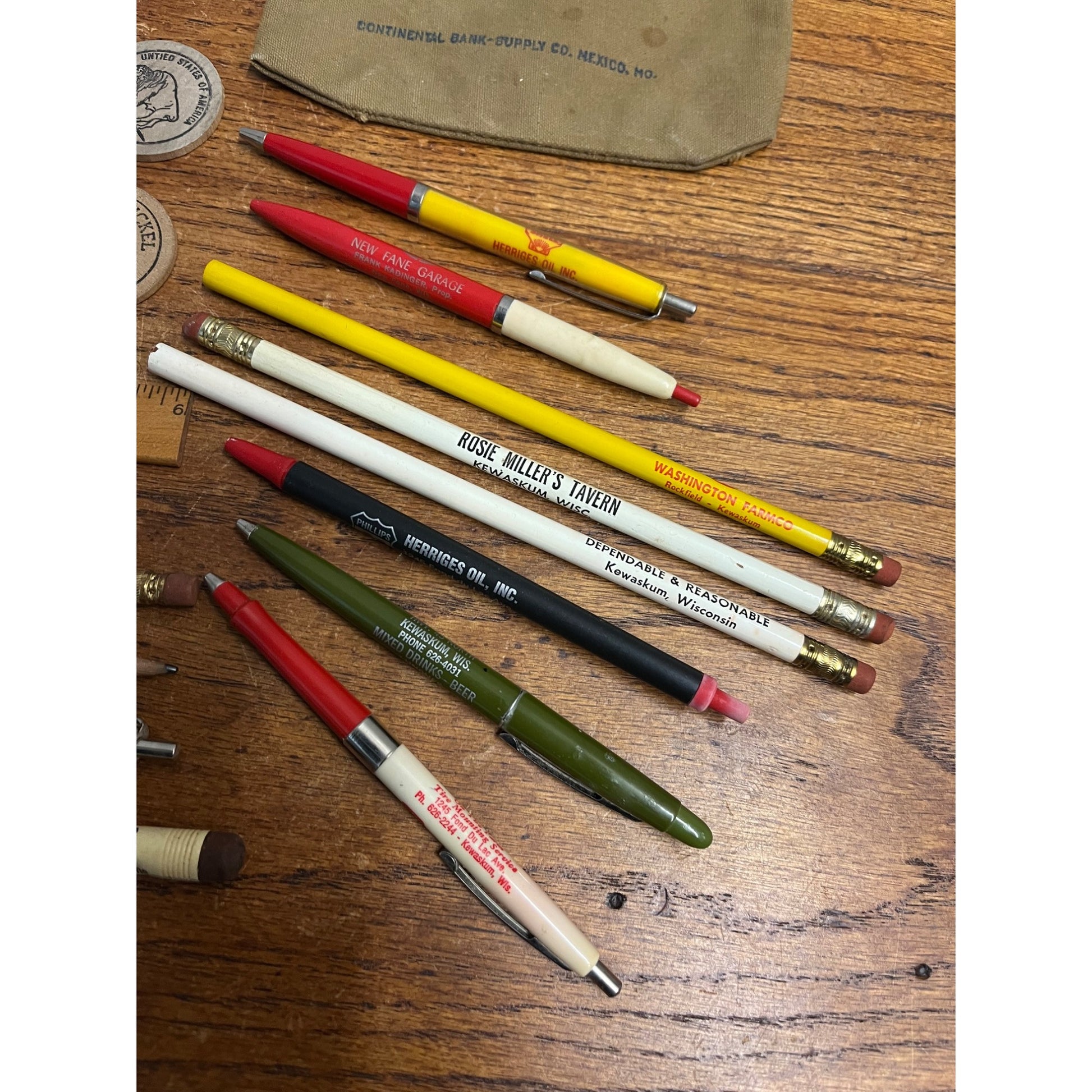 Vintage Kewaskum Wisconsin Advertising Lot Bar Tokens, Pencils, Patch, Bank Bag