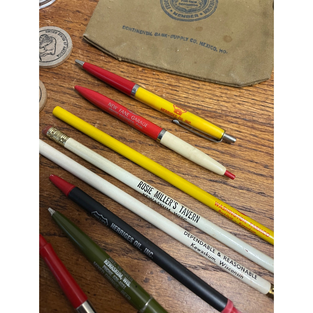 Vintage Kewaskum Wisconsin Advertising Lot Bar Tokens, Pencils, Patch, Bank Bag