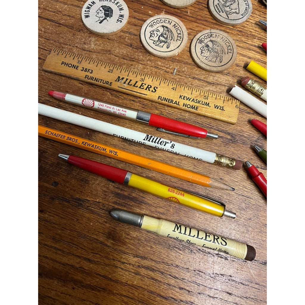 Vintage Kewaskum Wisconsin Advertising Lot Bar Tokens, Pencils, Patch, Bank Bag