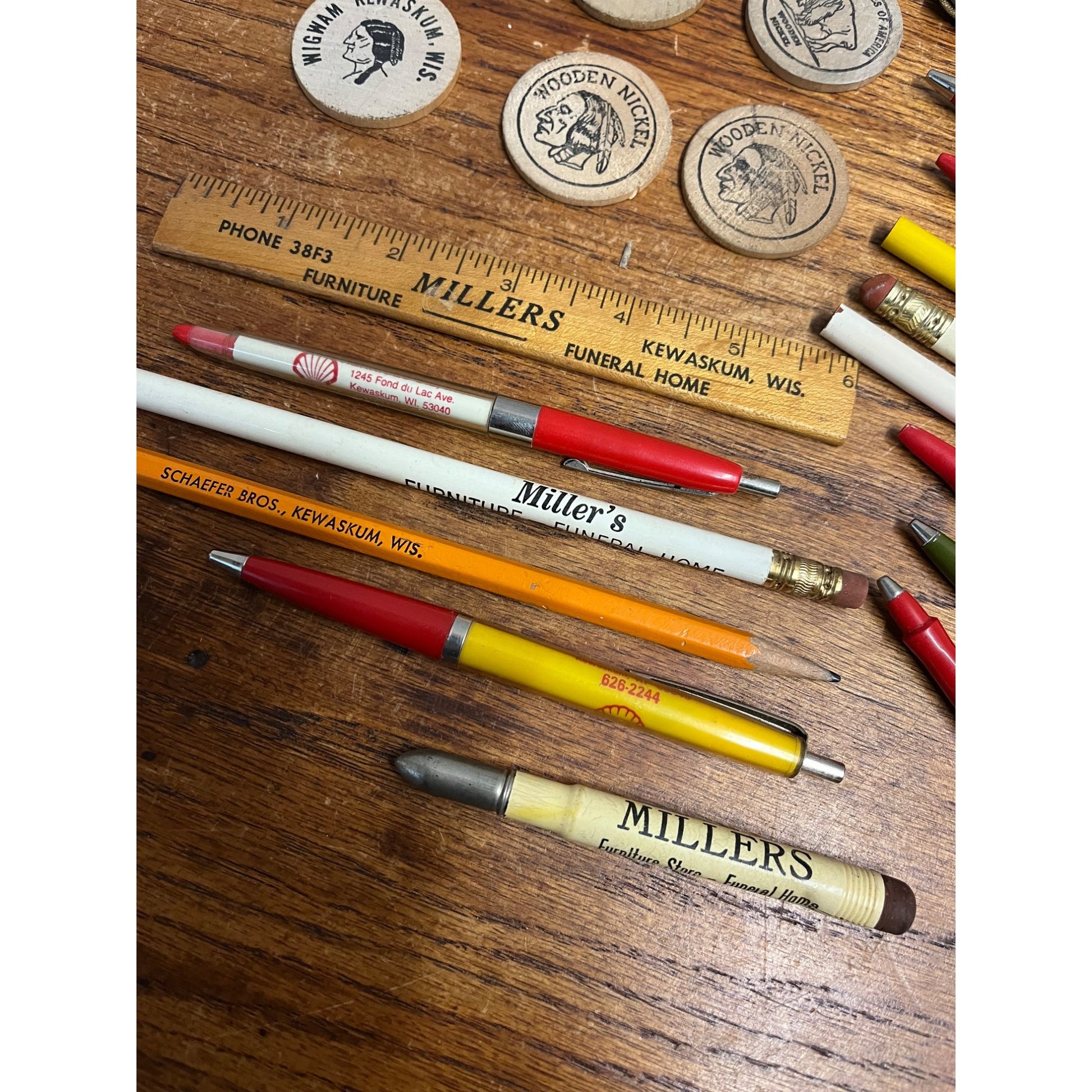Vintage Kewaskum Wisconsin Advertising Lot Bar Tokens, Pencils, Patch, Bank Bag