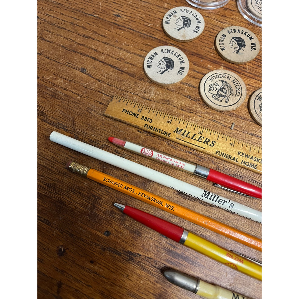 Vintage Kewaskum Wisconsin Advertising Lot Bar Tokens, Pencils, Patch, Bank Bag