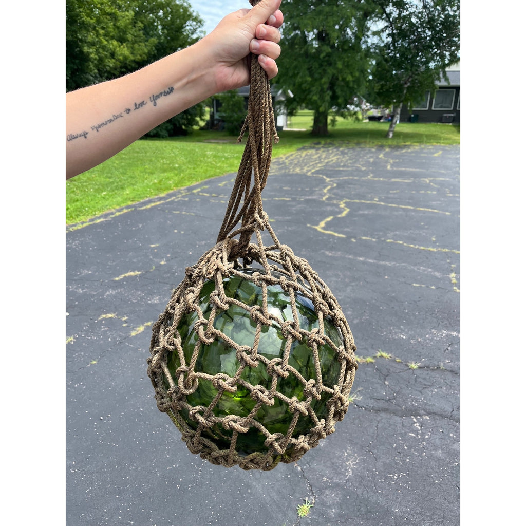 Antique Huge Green Glass Fishing Float Rope Ball Net Nautical Maritime Vintage