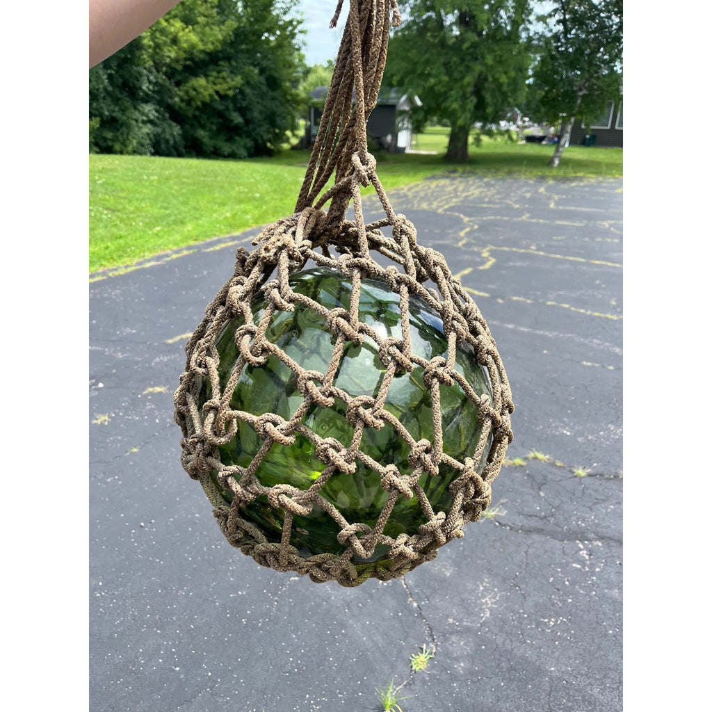 Antique Huge Green Glass Fishing Float Rope Ball Net Nautical Maritime Vintage