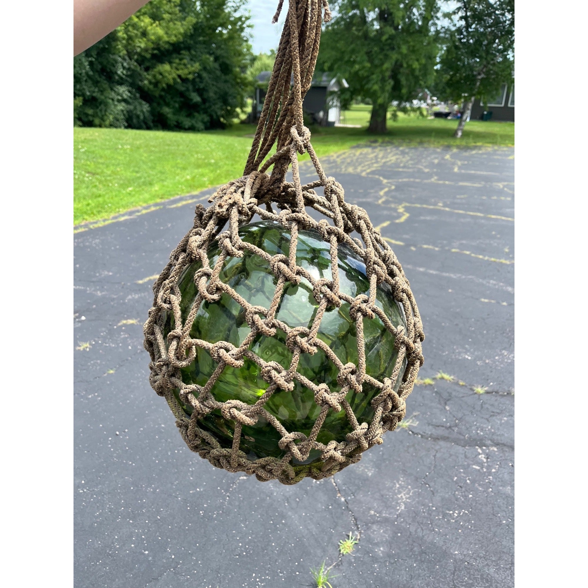 Antique Huge Green Glass Fishing Float Rope Ball Net Nautical Maritime Vintage