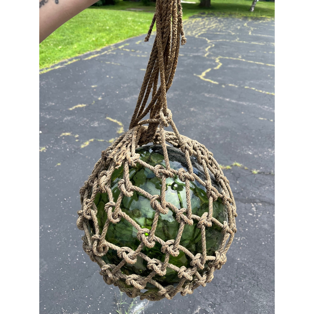 Antique Huge Green Glass Fishing Float Rope Ball Net Nautical Maritime Vintage
