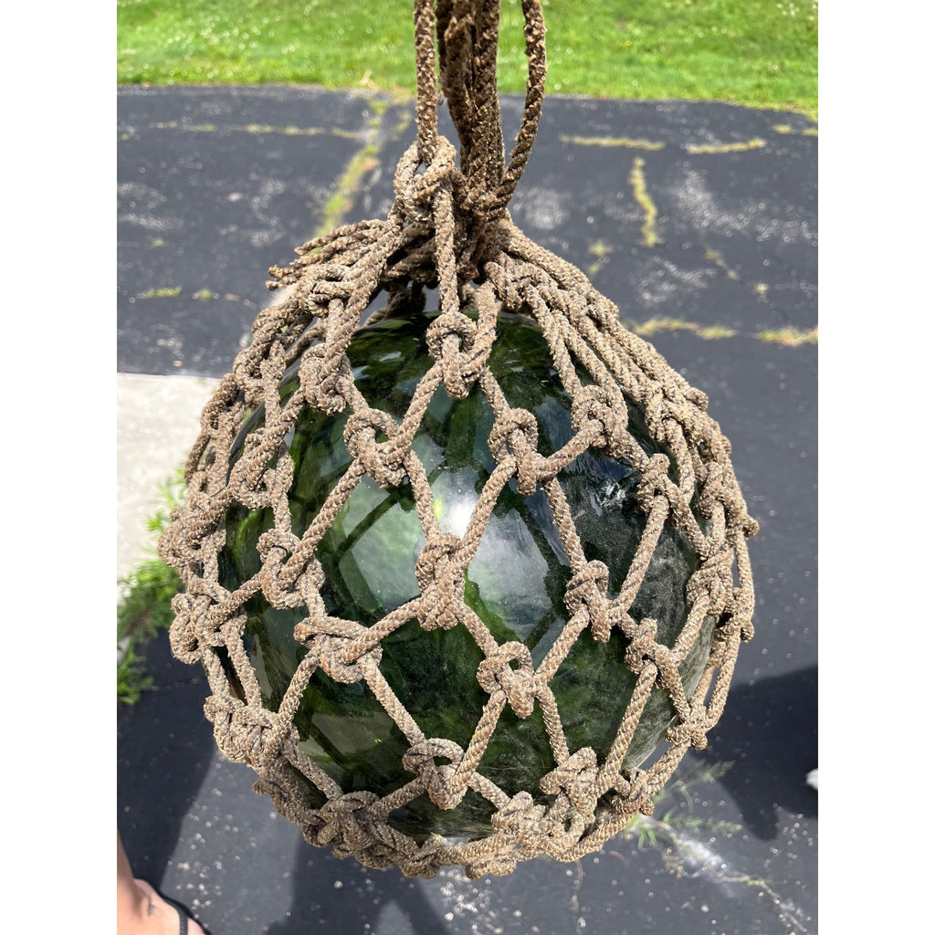 Antique Huge Green Glass Fishing Float Rope Ball Net Nautical Maritime Vintage