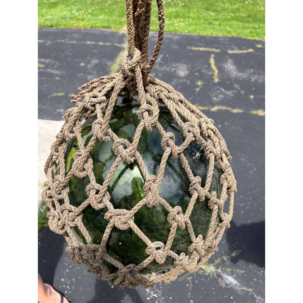 Antique Huge Green Glass Fishing Float Rope Ball Net Nautical Maritime Vintage
