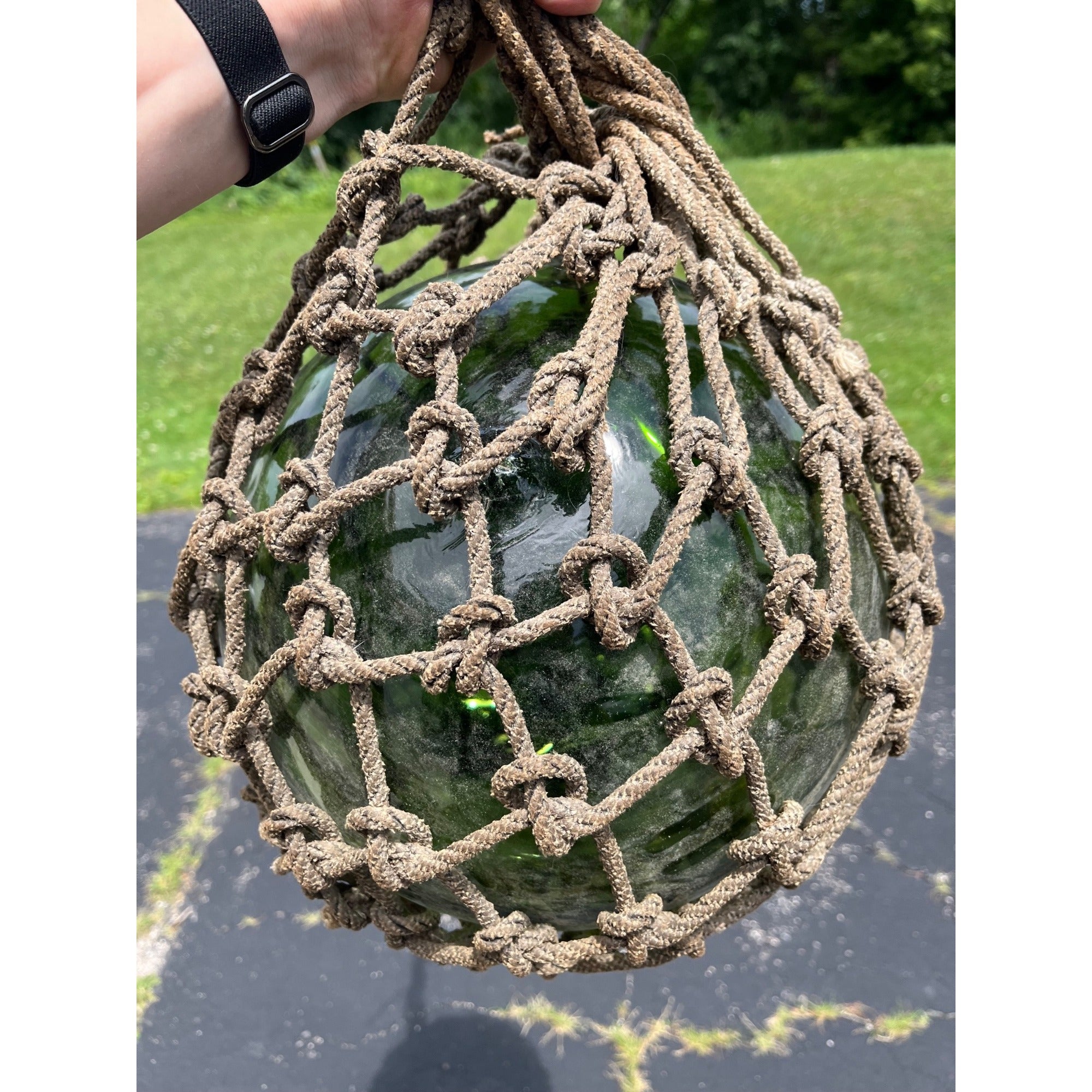 Antique Huge Green Glass Fishing Float Rope Ball Net Nautical Maritime Vintage