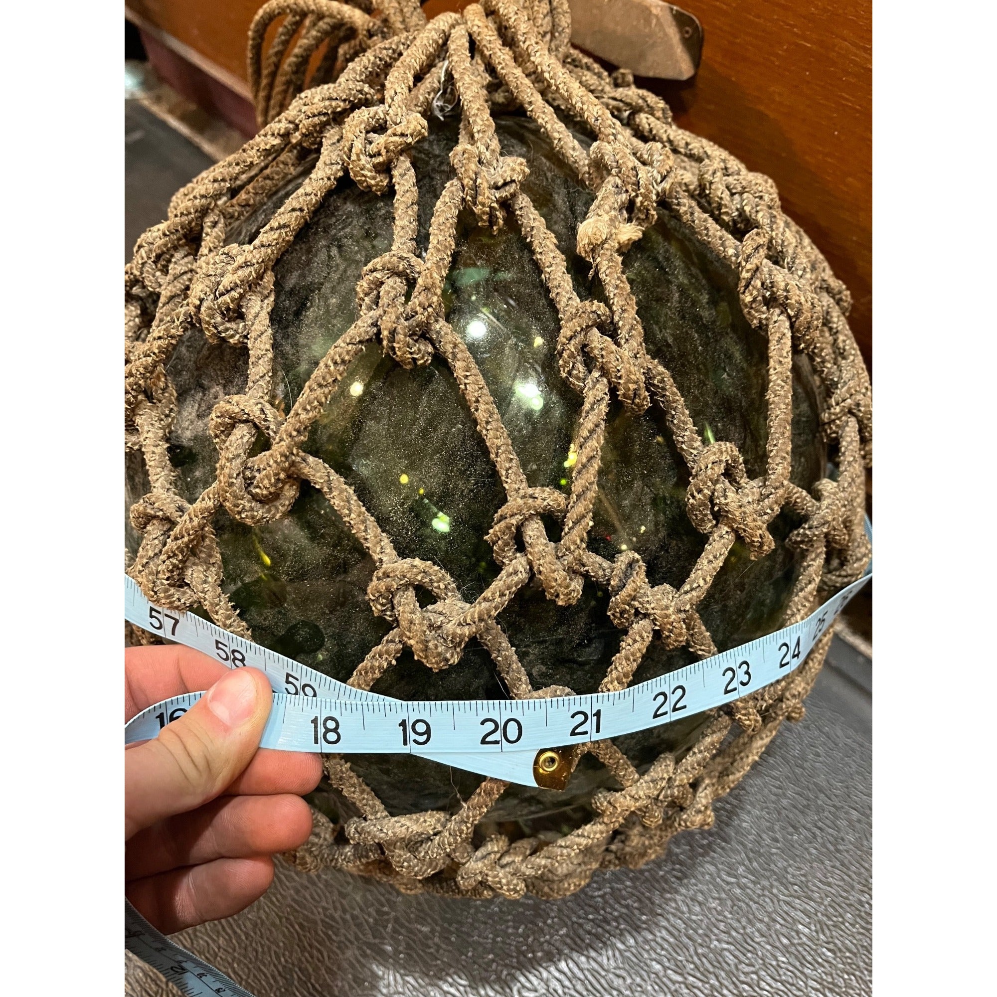 Antique Huge Green Glass Fishing Float Rope Ball Net Nautical Maritime Vintage