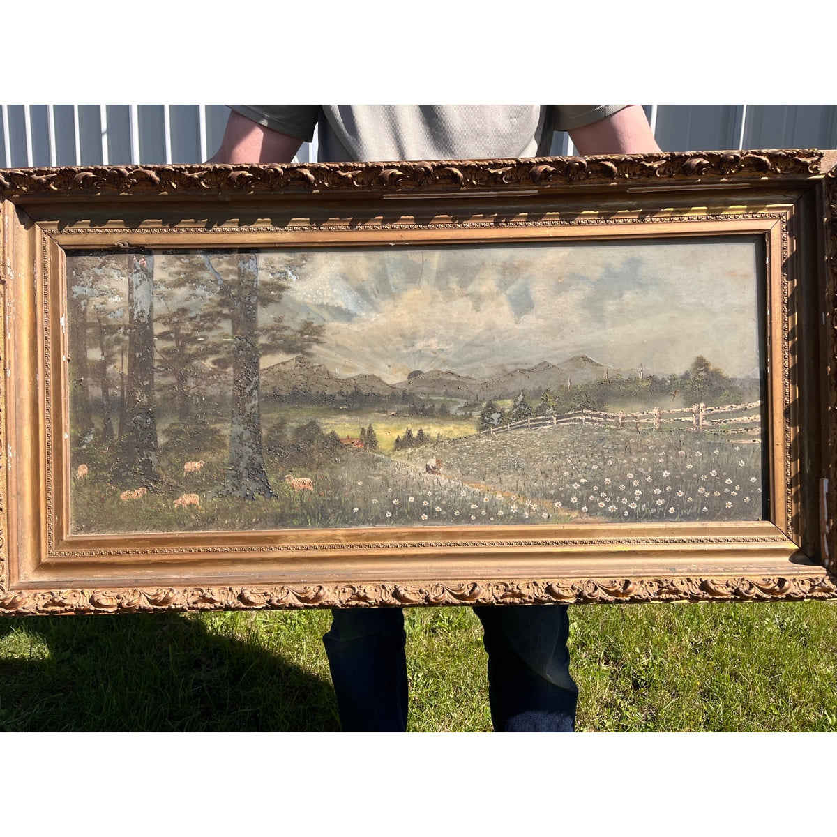 Antique c1900 Reverse Painted Glass Pastoral Landscape Sheep 45" Folk Art Primitive Victorian