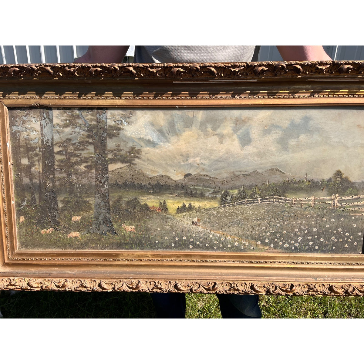 Antique c1900 Reverse Painted Glass Pastoral Landscape Sheep 45" Folk Art Primitive Victorian