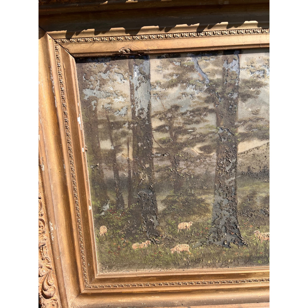 Antique c1900 Reverse Painted Glass Pastoral Landscape Sheep 45" Folk Art Primitive Victorian