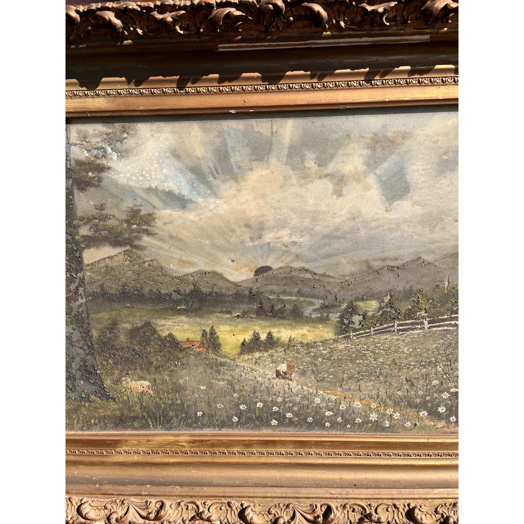 Antique c1900 Reverse Painted Glass Pastoral Landscape Sheep 45" Folk Art Primitive Victorian