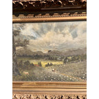 Antique c1900 Reverse Painted Glass Pastoral Landscape Sheep 45" Folk Art Primitive Victorian
