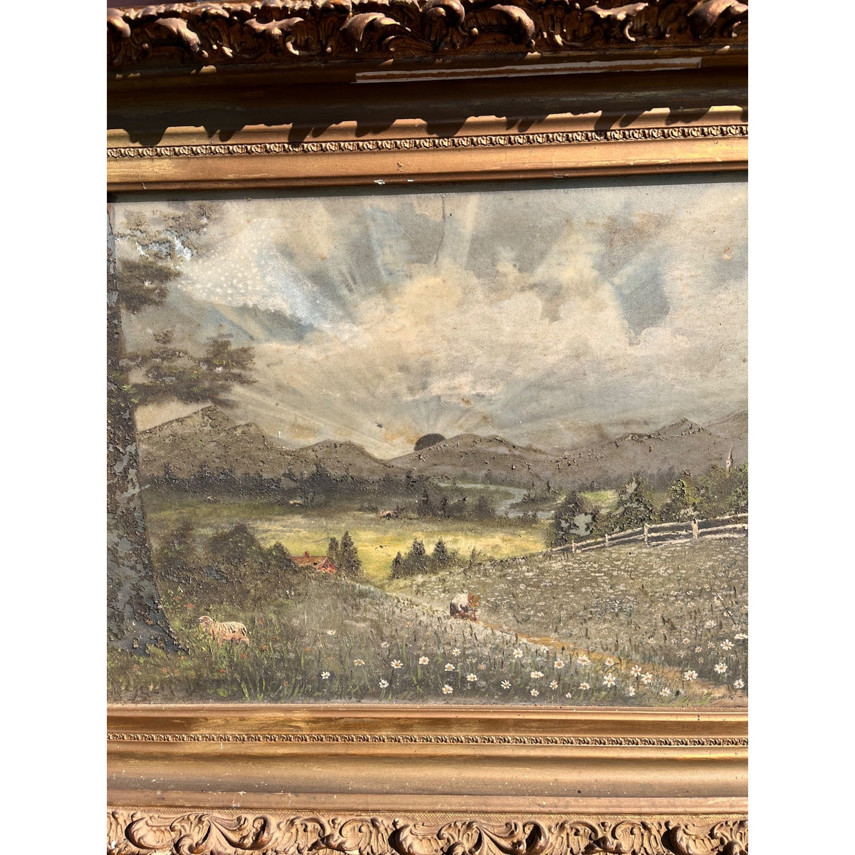 Antique c1900 Reverse Painted Glass Pastoral Landscape Sheep 45" Folk Art Primitive Victorian