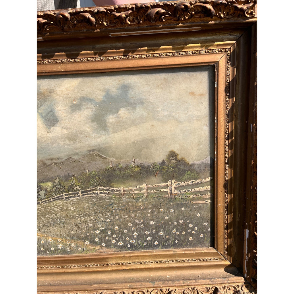 Antique c1900 Reverse Painted Glass Pastoral Landscape Sheep 45" Folk Art Primitive Victorian