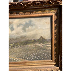 Antique c1900 Reverse Painted Glass Pastoral Landscape Sheep 45" Folk Art Primitive Victorian