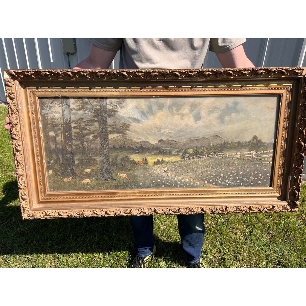 Antique c1900 Reverse Painted Glass Pastoral Landscape Sheep 45" Folk Art Primitive Victorian