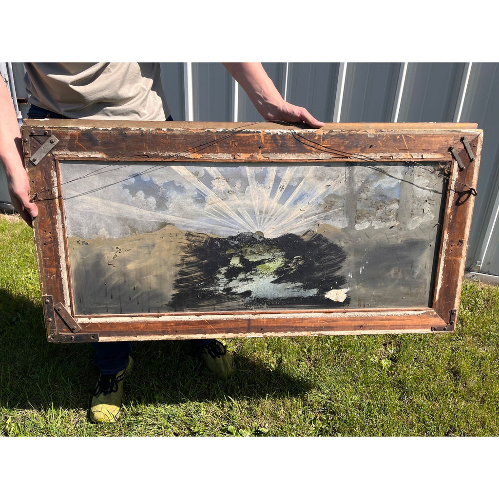 Antique c1900 Reverse Painted Glass Pastoral Landscape Sheep 45" Folk Art Primitive Victorian
