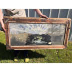 Antique c1900 Reverse Painted Glass Pastoral Landscape Sheep 45" Folk Art Primitive Victorian