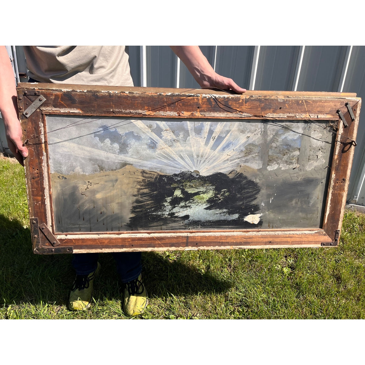 Antique c1900 Reverse Painted Glass Pastoral Landscape Sheep 45" Folk Art Primitive Victorian