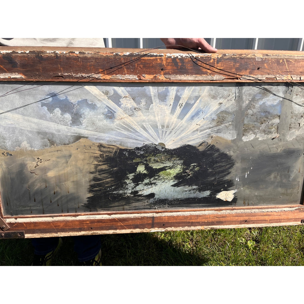 Antique c1900 Reverse Painted Glass Pastoral Landscape Sheep 45" Folk Art Primitive Victorian