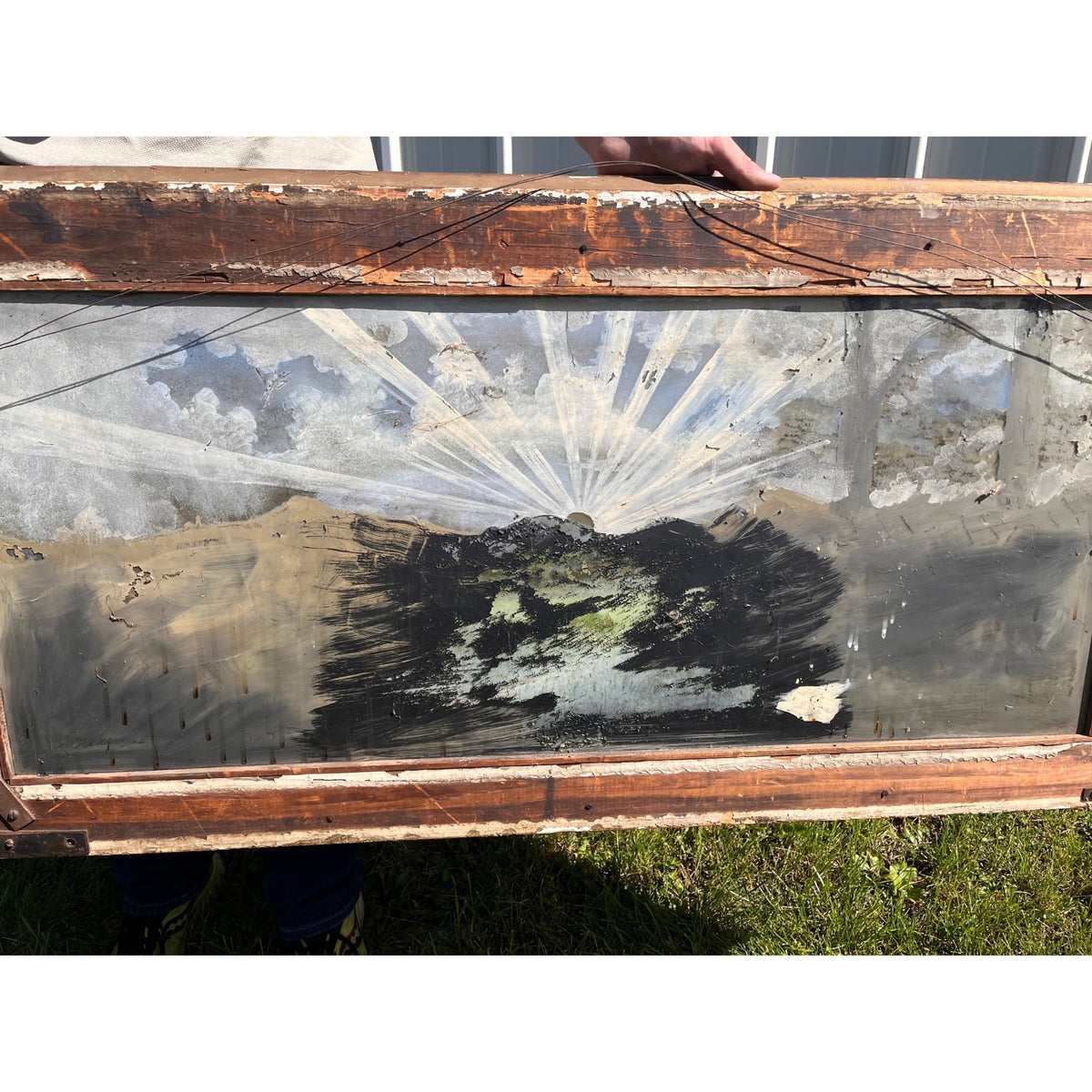 Antique c1900 Reverse Painted Glass Pastoral Landscape Sheep 45" Folk Art Primitive Victorian