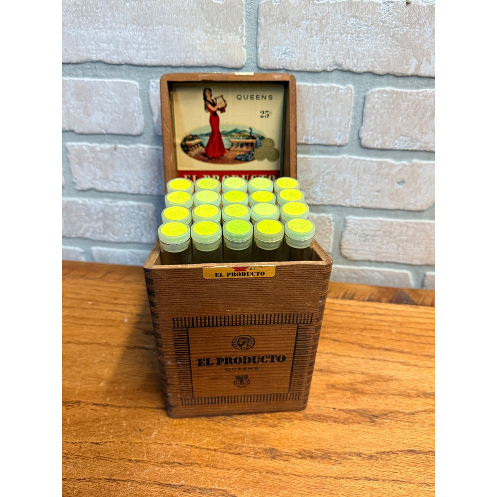 Vintage EL PRODUCTO Queens Wood Cigar Box With Glass Tubes