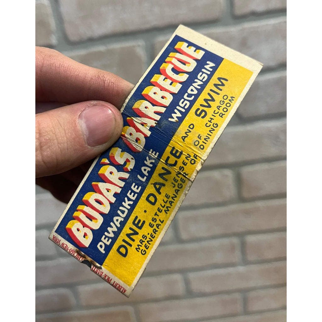 Vintage Budar's Barbeque Pewaukee Lake Wisconsin Restaurant Club FULL Matchbook