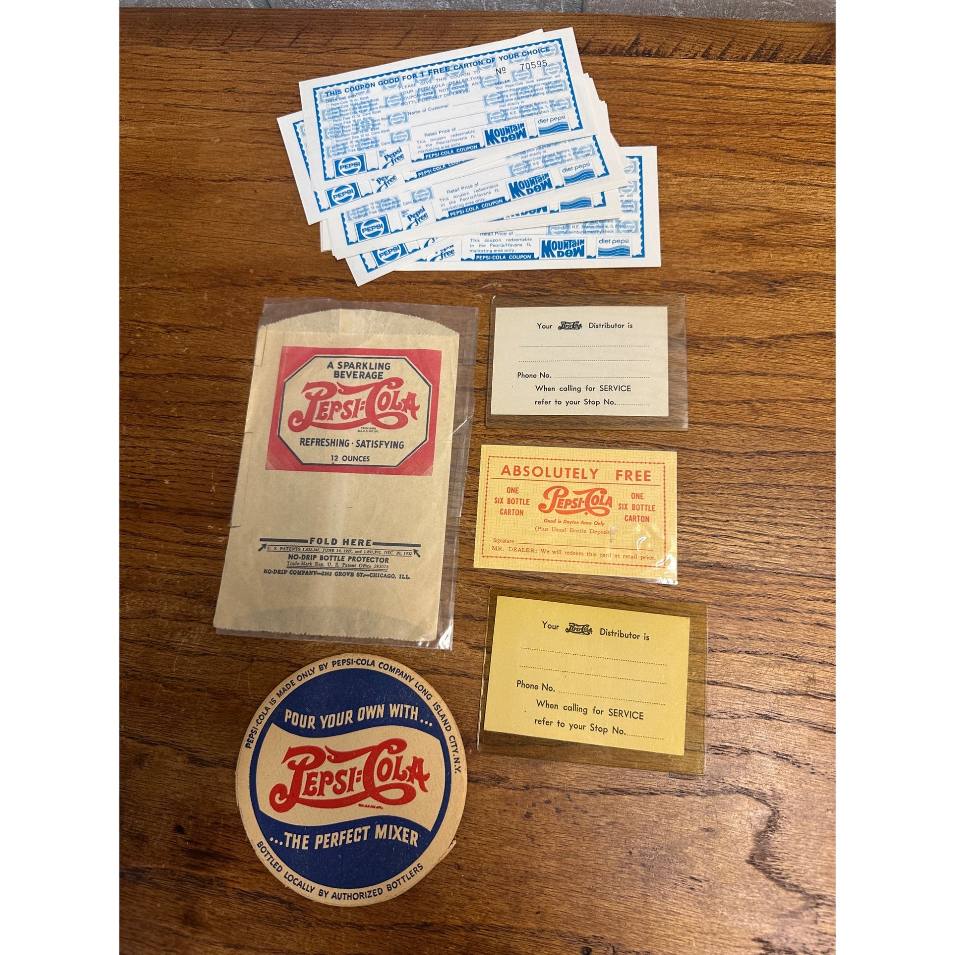 Vintage Pepsi Cola Advertising Lot No Drip Bottle Sleeve, Coasters, Coupons