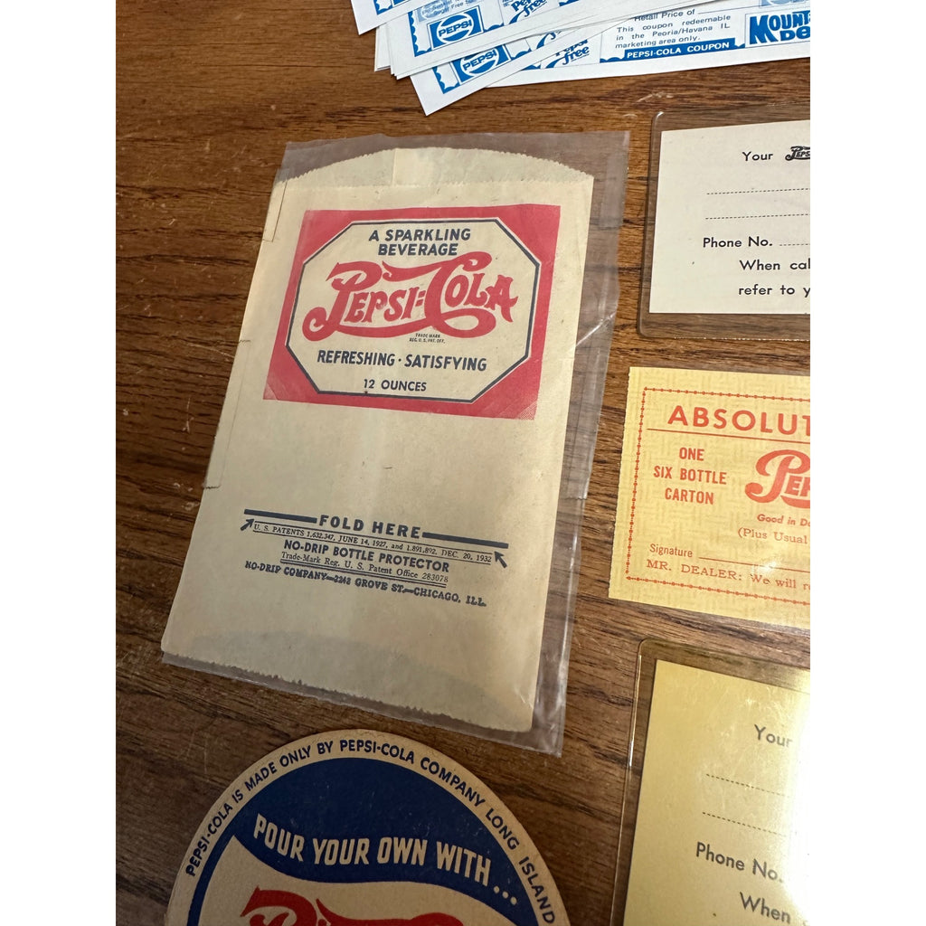 Vintage Pepsi Cola Advertising Lot No Drip Bottle Sleeve, Coasters, Coupons