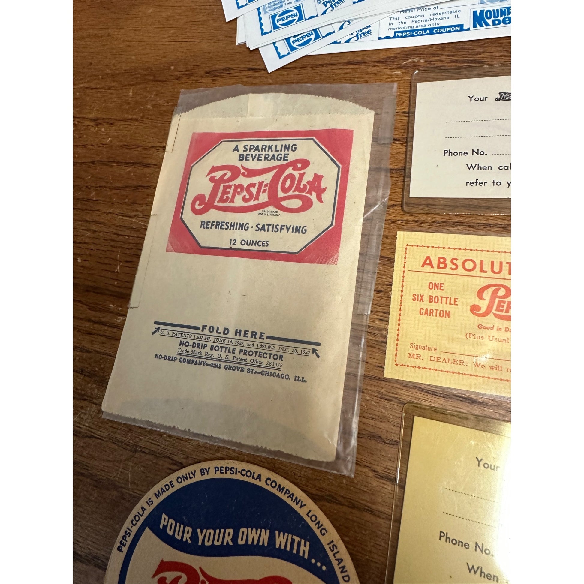 Vintage Pepsi Cola Advertising Lot No Drip Bottle Sleeve, Coasters, Coupons