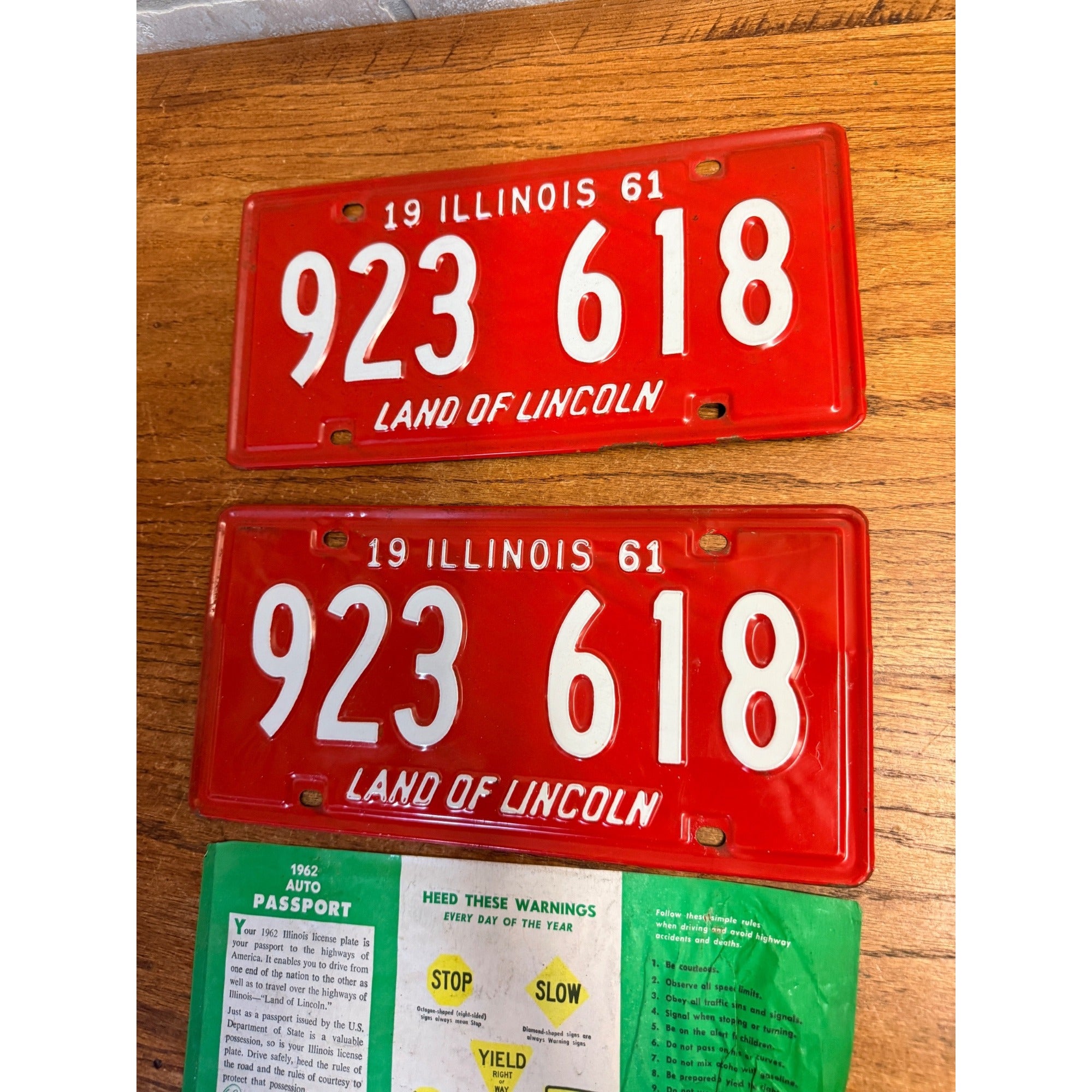 Vintage 1961 Illinois License Plate Set (2) Red NOS - Land of Lincoln Motto