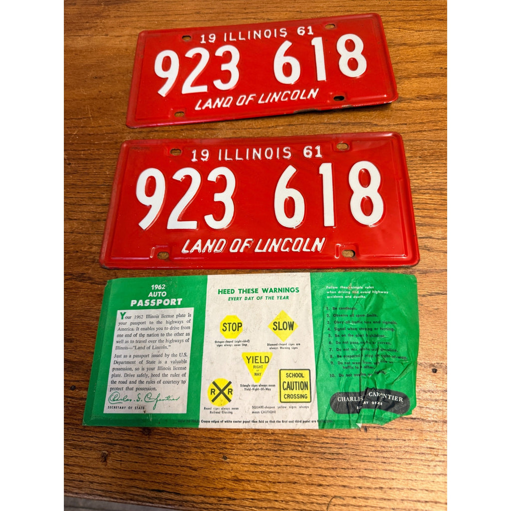 Vintage 1961 Illinois License Plate Set (2) Red NOS - Land of Lincoln Motto