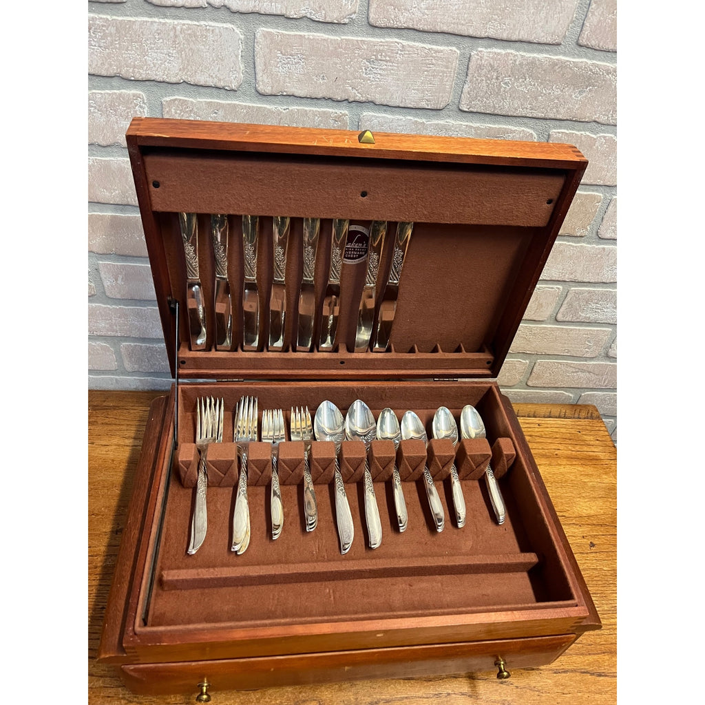 Vintage WM Rogers Silver Overlay Flatware Set "Wildwood" Pattern 48 Pieces in Wooden Presentation Storage Box Silverware