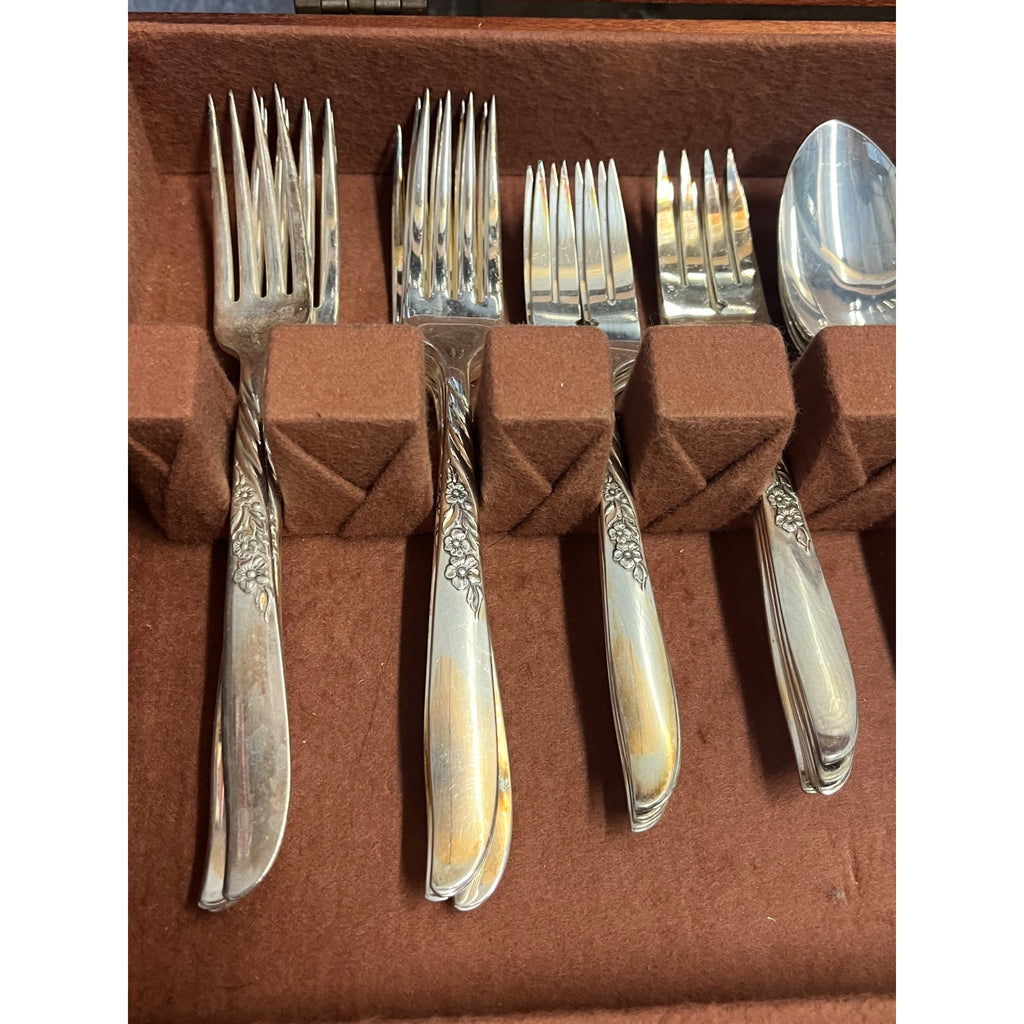 Vintage WM Rogers Silver Overlay Flatware Set "Wildwood" Pattern 48 Pieces in Wooden Presentation Storage Box Silverware