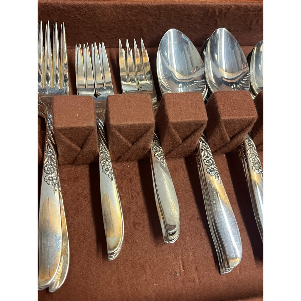 Vintage WM Rogers Silver Overlay Flatware Set "Wildwood" Pattern 48 Pieces in Wooden Presentation Storage Box Silverware