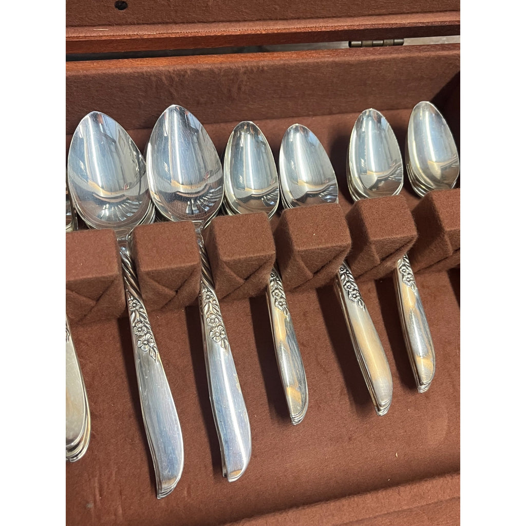 Vintage WM Rogers Silver Overlay Flatware Set "Wildwood" Pattern 48 Pieces in Wooden Presentation Storage Box Silverware