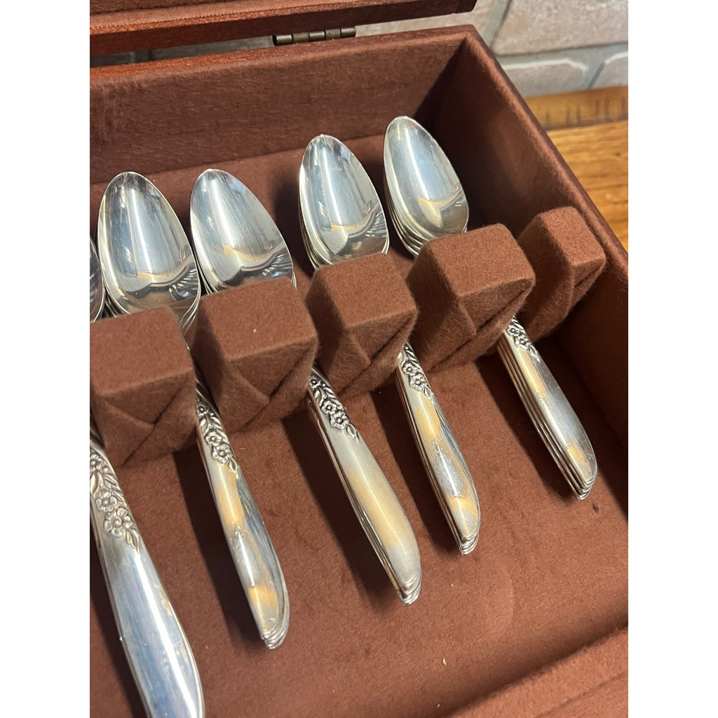Vintage WM Rogers Silver Overlay Flatware Set "Wildwood" Pattern 48 Pieces in Wooden Presentation Storage Box Silverware