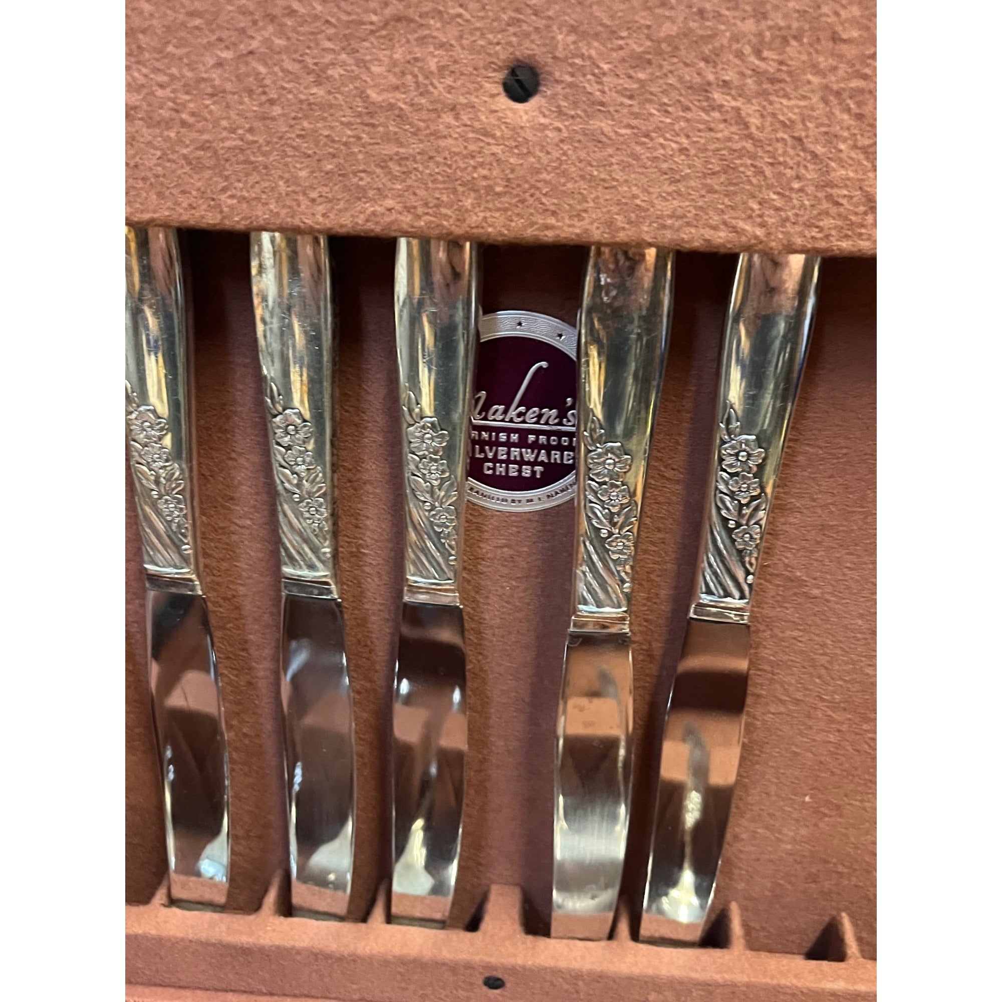 Vintage WM Rogers Silver Overlay Flatware Set "Wildwood" Pattern 48 Pieces in Wooden Presentation Storage Box Silverware
